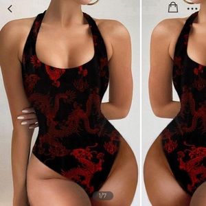 Black and red Chinese dragon print bodysuit